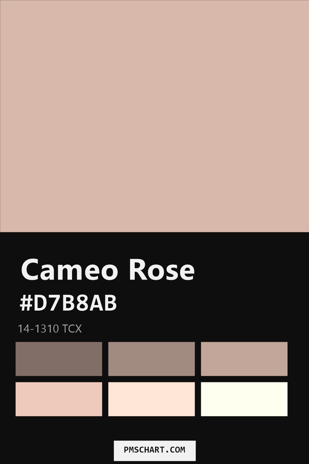 Pantone Cameo Rose 14-1310 TCX color reference card (HEX #D7B8AB) with six nearest Pantone matches
