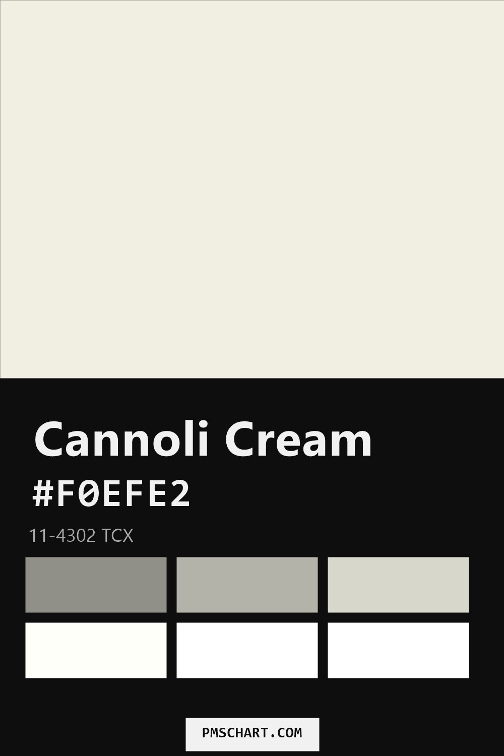 Pantone Cannoli Cream 11-4302 TCX color reference card (HEX #F0EFE2) with six nearest Pantone matches