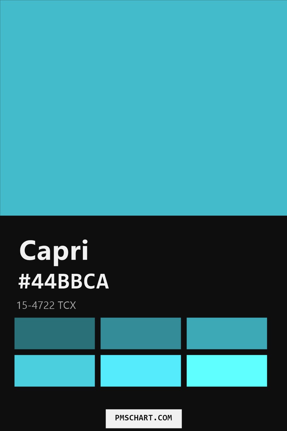 Pantone Capri 15-4722 TCX color reference card (HEX #44BBCA) with six nearest Pantone matches