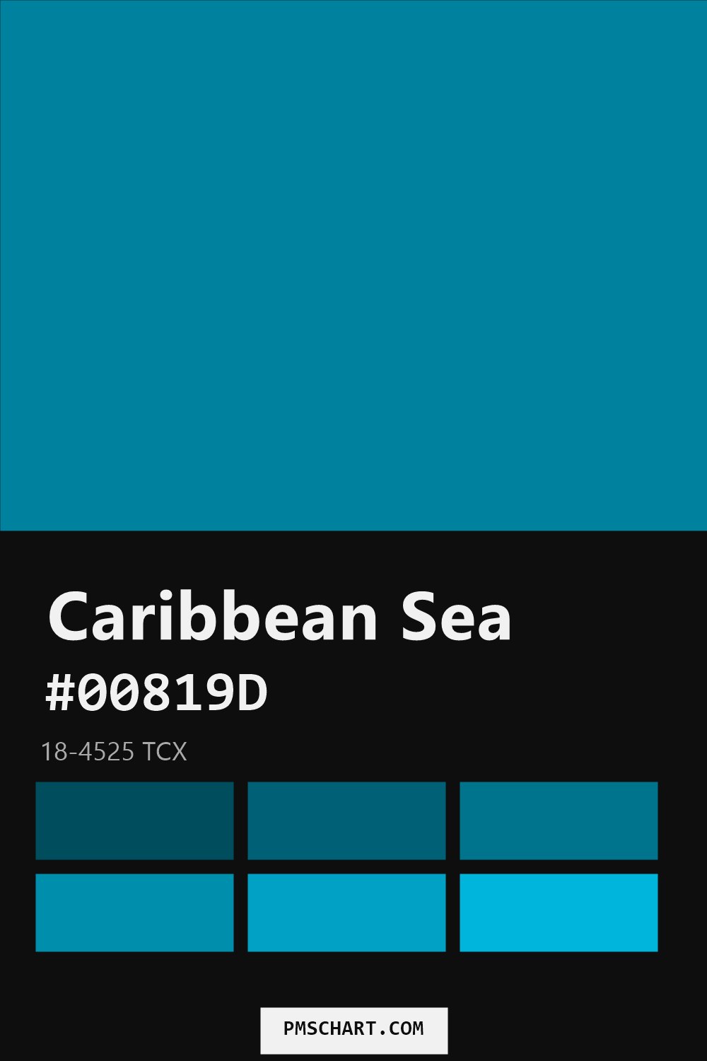 Pantone Caribbean Sea 18-4525 TCX color reference card (HEX #00819D) with six nearest Pantone matches