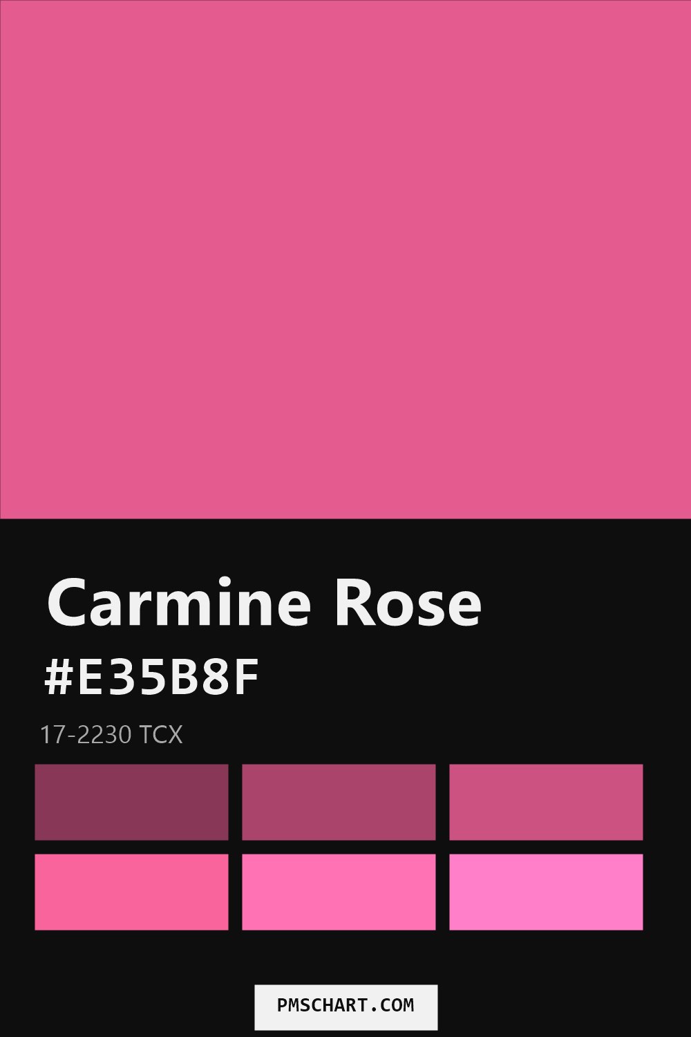 Pantone Carmine Rose 17-2230 TCX color reference card (HEX #E35B8F) with six nearest Pantone matches