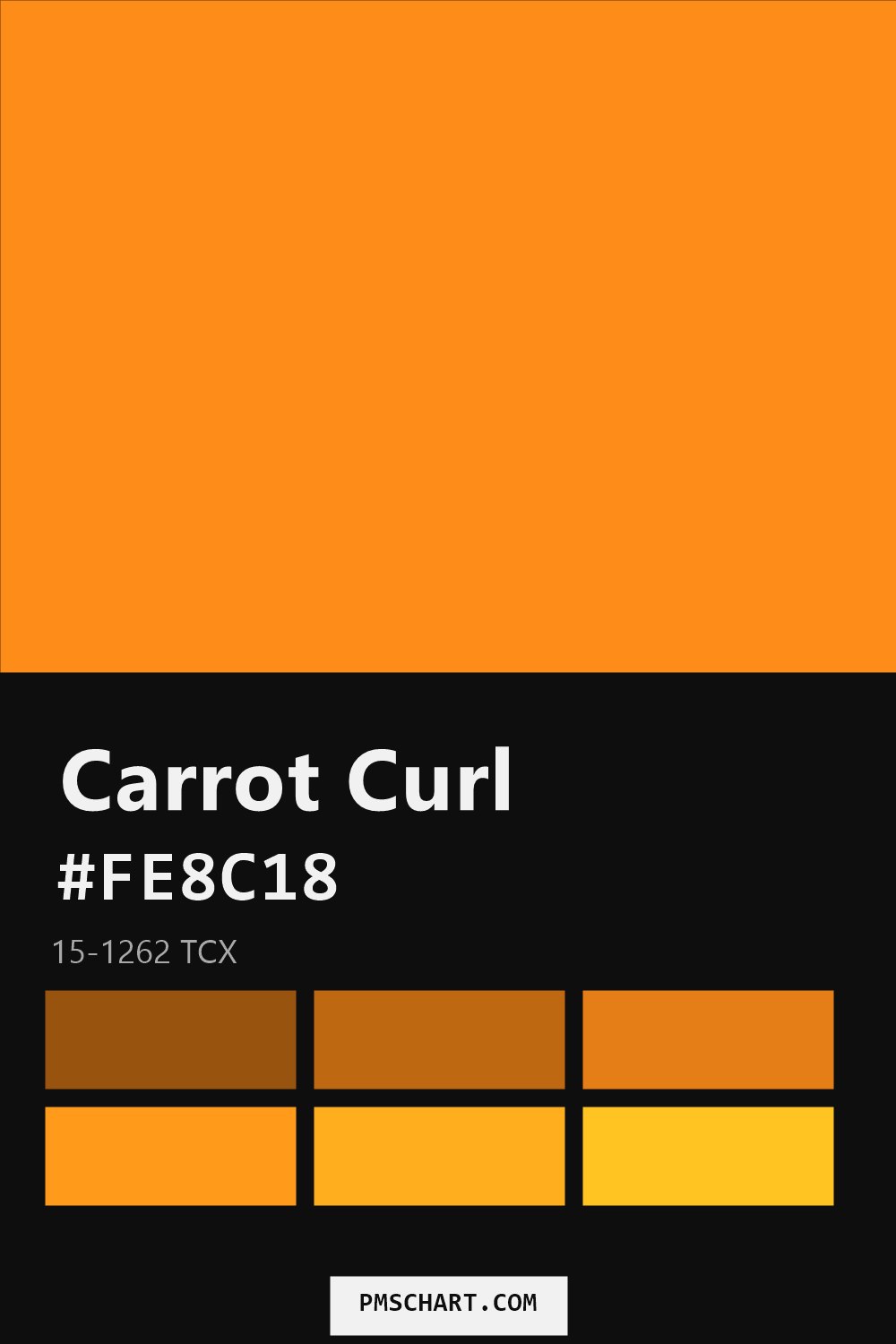 Pantone Carrot Curl 15-1262 TCX color reference card (HEX #FE8C18) with six nearest Pantone matches
