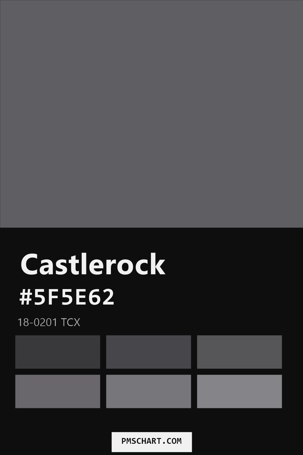 Pantone Castlerock 18-0201 TCX color reference card (HEX #5F5E62) with six nearest Pantone matches