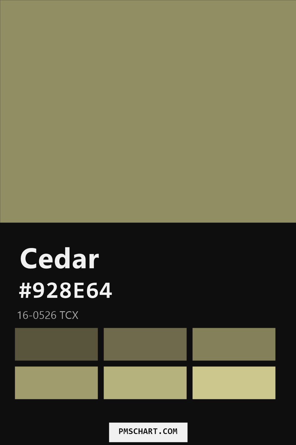 Pantone Cedar 16-0526 TCX color reference card (HEX #928E64) with six nearest Pantone matches