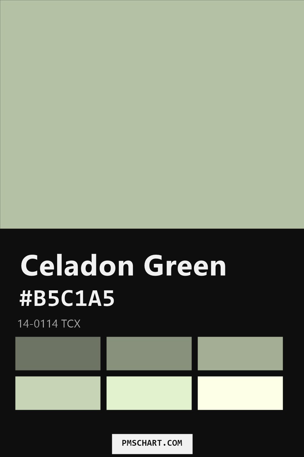 Pantone Celadon Green 14-0114 TCX color reference card (HEX #B5C1A5) with six nearest Pantone matches