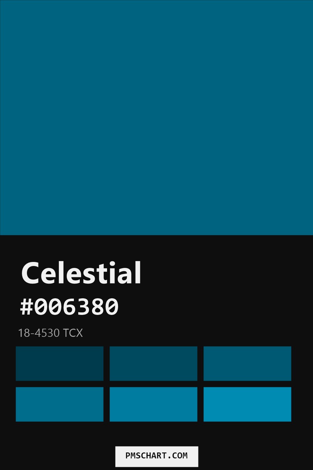 Pantone Celestial 18-4530 TCX color reference card (HEX #006380) with six nearest Pantone matches