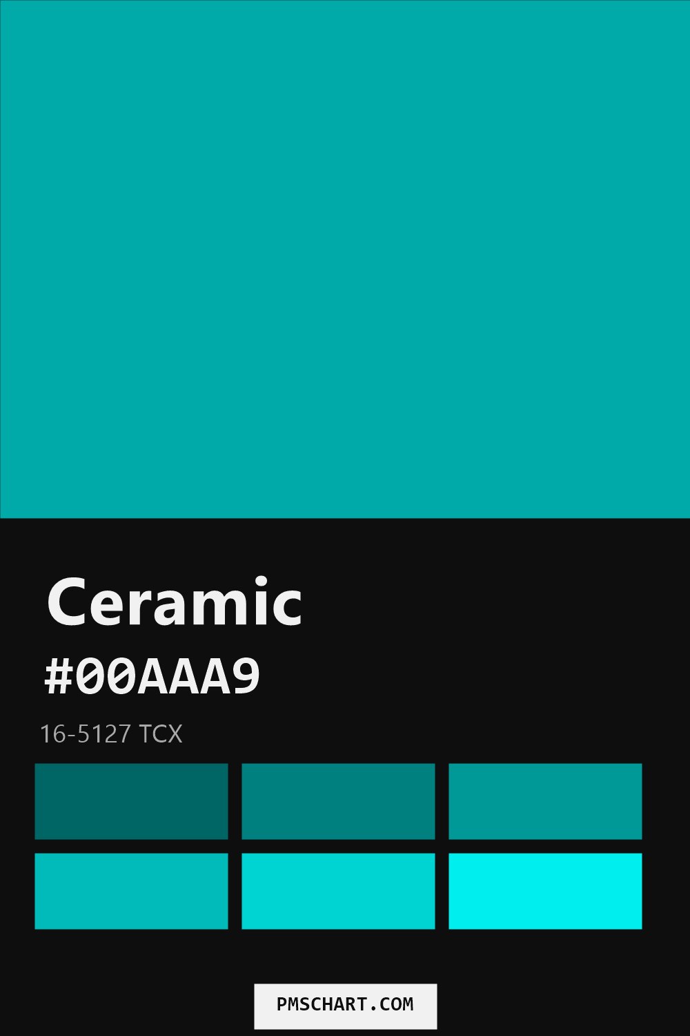 Pantone Ceramic 16-5127 TCX color reference card (HEX #00AAA9) with six nearest Pantone matches