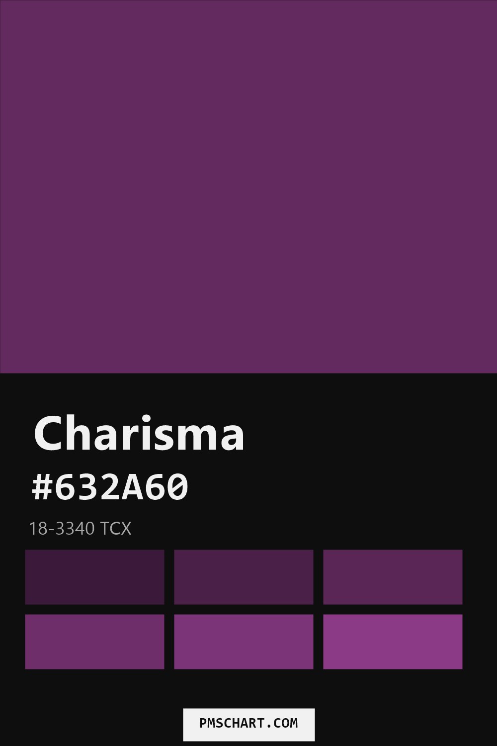 Pantone Charisma 18-3340 TCX color reference card (HEX #632A60) with six nearest Pantone matches