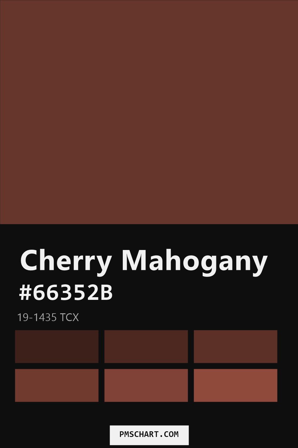 Pantone Cherry Mahogany 19-1435 TCX color reference card (HEX #66352B) with six nearest Pantone matches