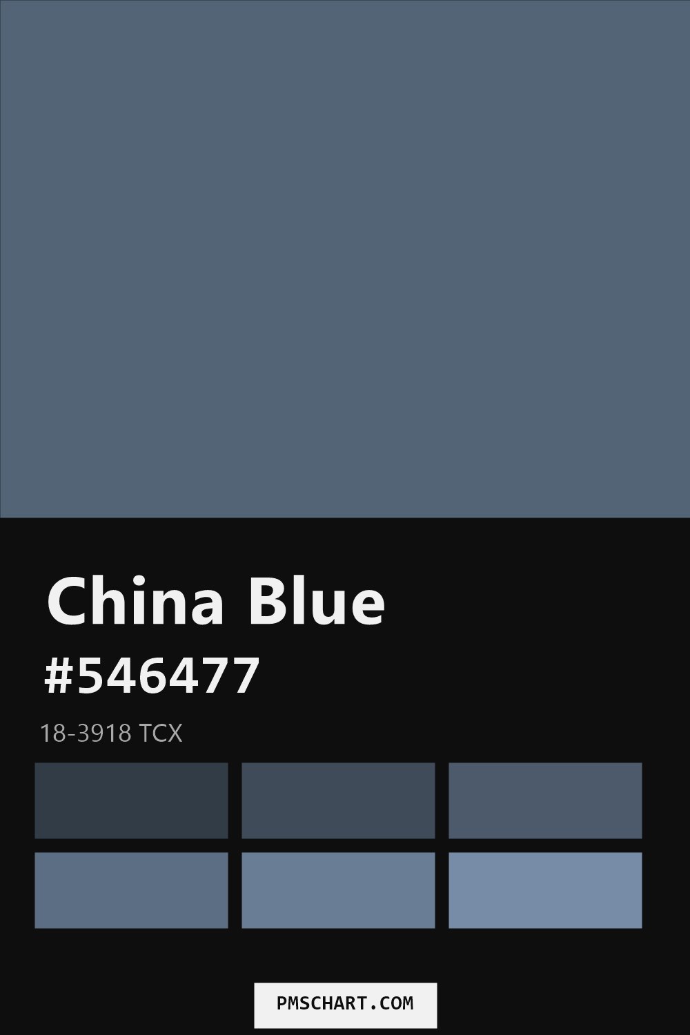 Pantone China Blue 18-3918 TCX color reference card (HEX #546477) with six nearest Pantone matches