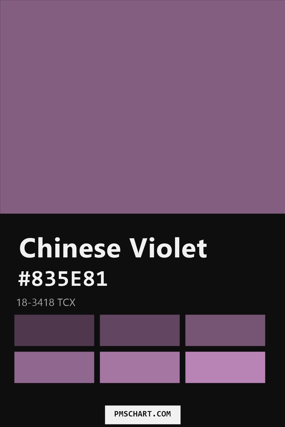 Pantone Chinese Violet 18-3418 TCX color reference card (HEX #835E81) with six nearest Pantone matches