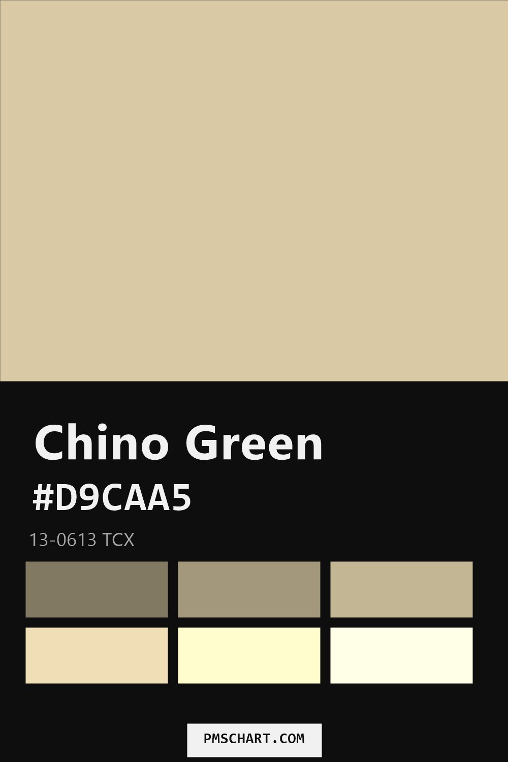 Pantone Chino Green 13-0613 TCX color reference card (HEX #D9CAA5) with six nearest Pantone matches