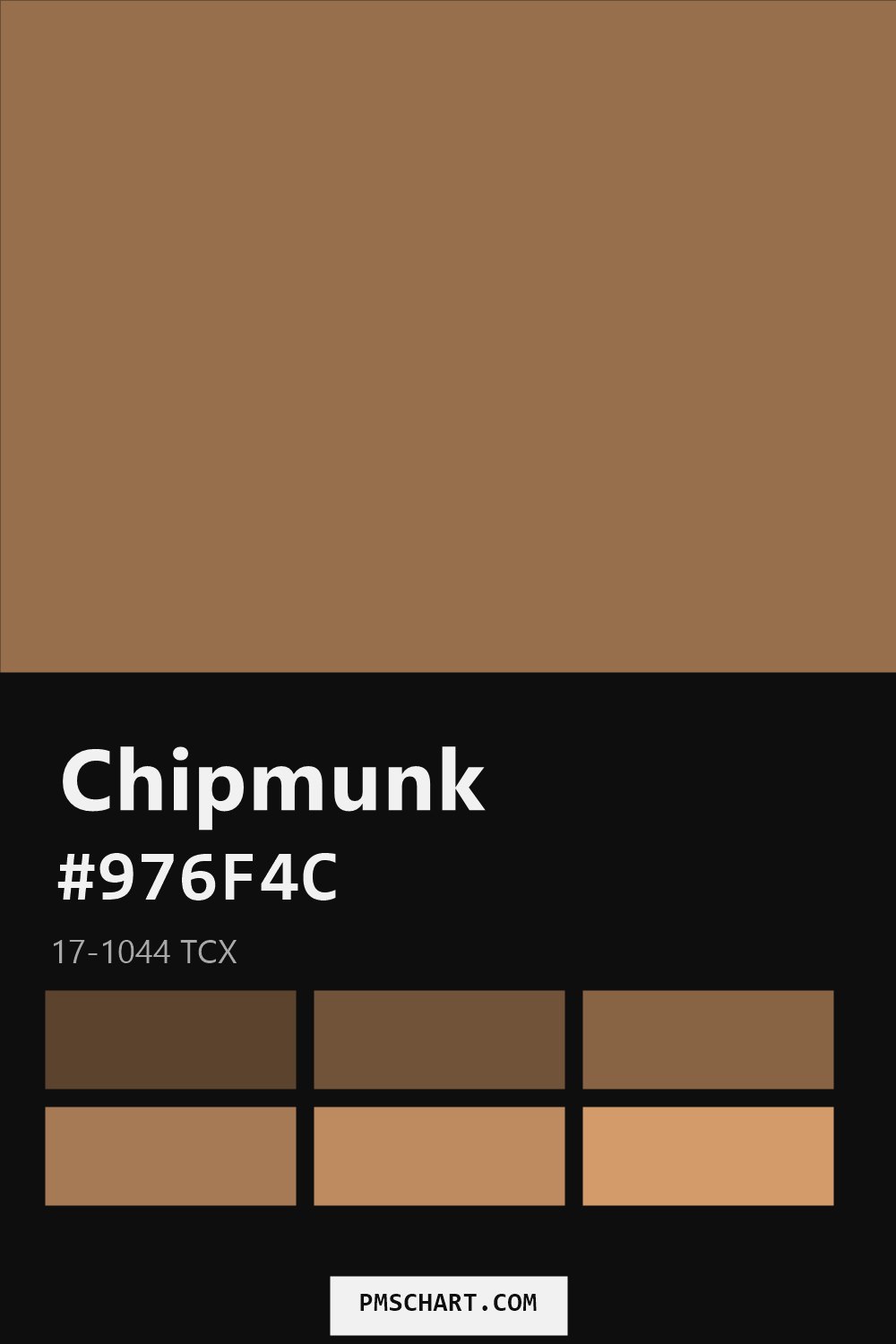 Pantone Chipmunk 17-1044 TCX color reference card (HEX #976F4C) with six nearest Pantone matches