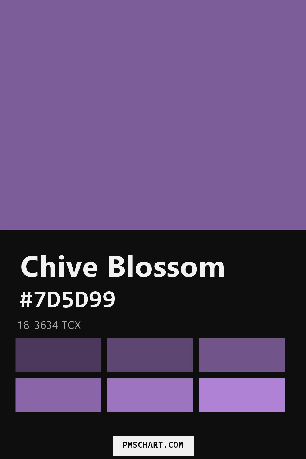 Pantone Chive Blossom 18-3634 TCX color reference card (HEX #7D5D99) with six nearest Pantone matches