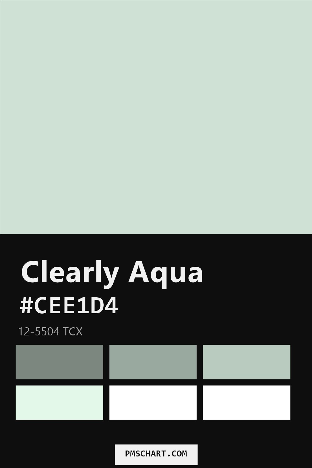Pantone Clearly Aqua 12-5504 TCX color reference card (HEX #CEE1D4) with six nearest Pantone matches