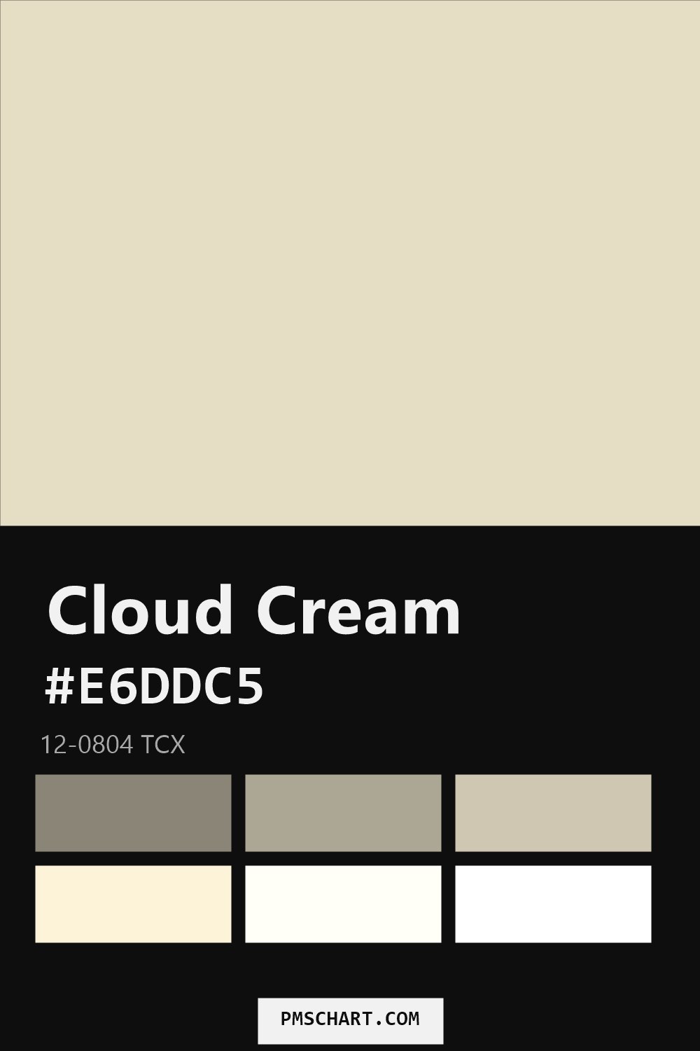 Pantone Cloud Cream 12-0804 TCX color reference card (HEX #E6DDC5) with six nearest Pantone matches