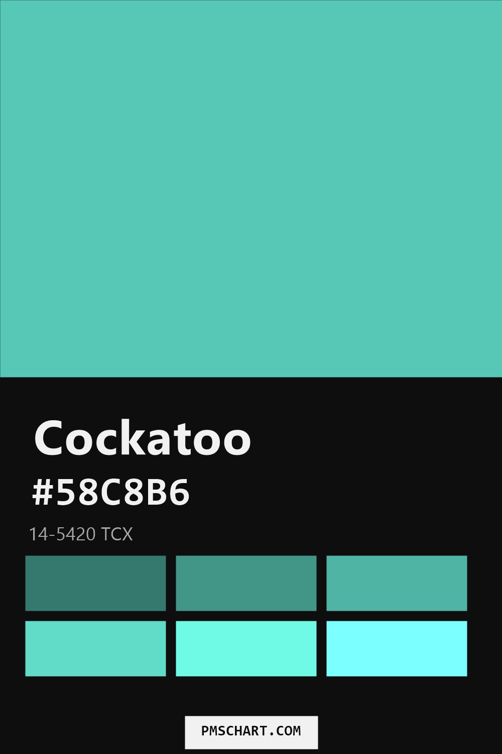 Pantone Cockatoo 14-5420 TCX color reference card (HEX #58C8B6) with six nearest Pantone matches