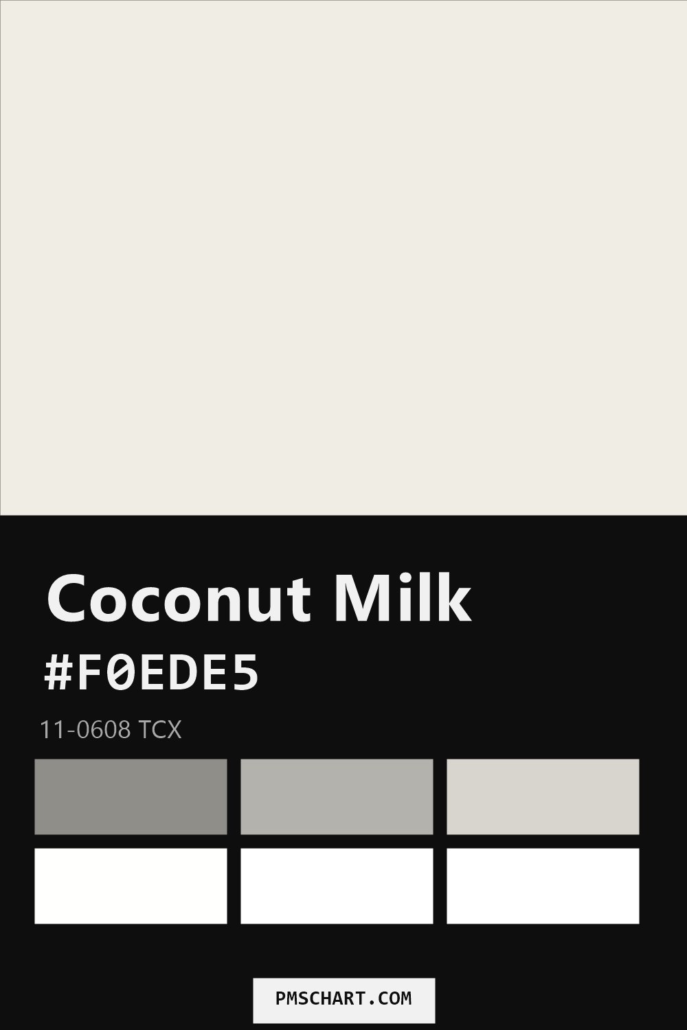 Pantone Coconut Milk 11-0608 TCX color reference card (HEX #F0EDE5) with six nearest Pantone matches