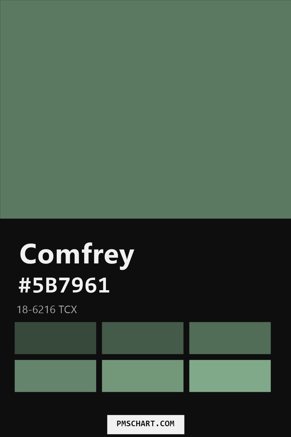 Pantone Comfrey 18-6216 TCX color reference card (HEX #5B7961) with six nearest Pantone matches