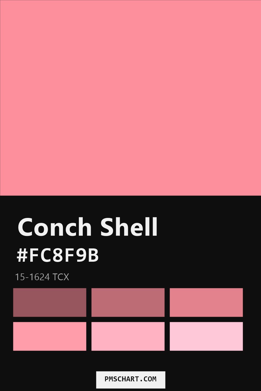 Pantone Conch Shell 15-1624 TCX color reference card (HEX #FC8F9B) with six nearest Pantone matches