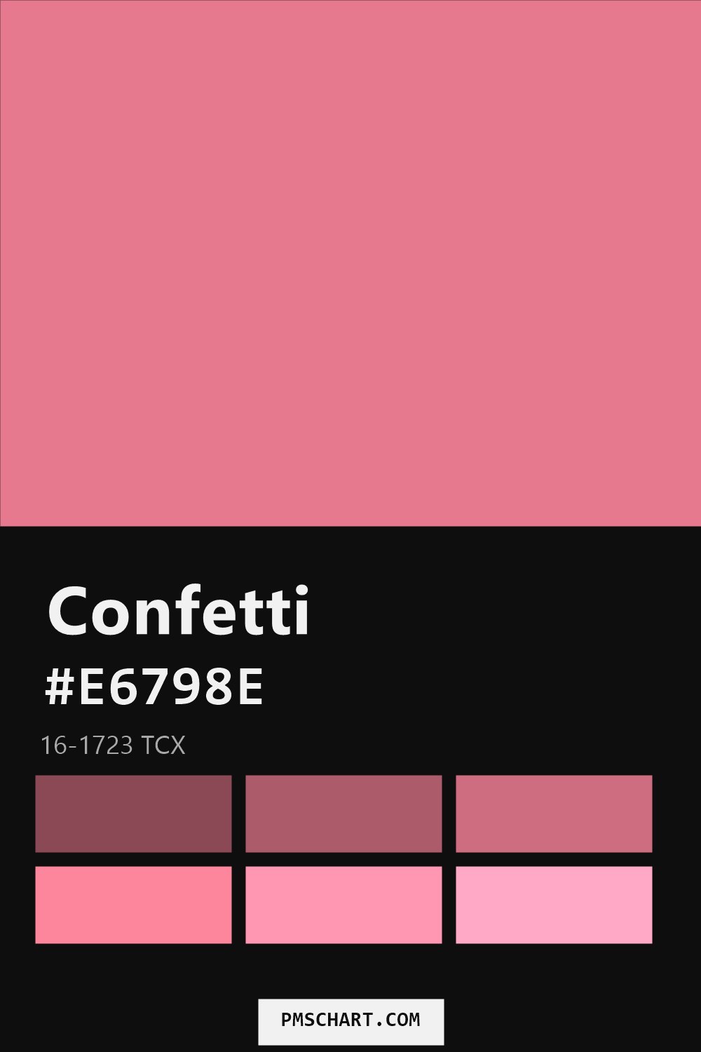 Pantone Confetti 16-1723 TCX color reference card (HEX #E6798E) with six nearest Pantone matches