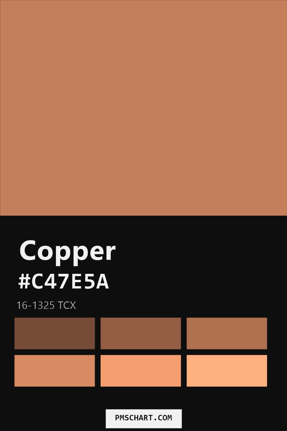 Pantone Copper 16-1325 TCX color reference card (HEX #C47E5A) with six nearest Pantone matches