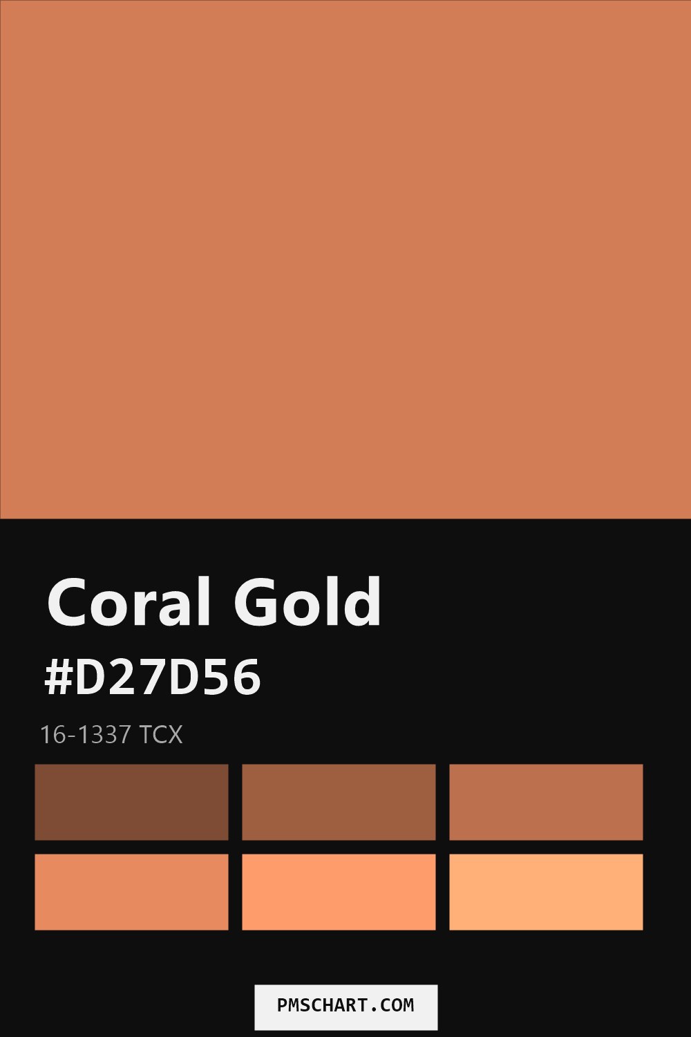 Pantone Coral Gold 16-1337 TCX color reference card (HEX #D27D56) with six nearest Pantone matches