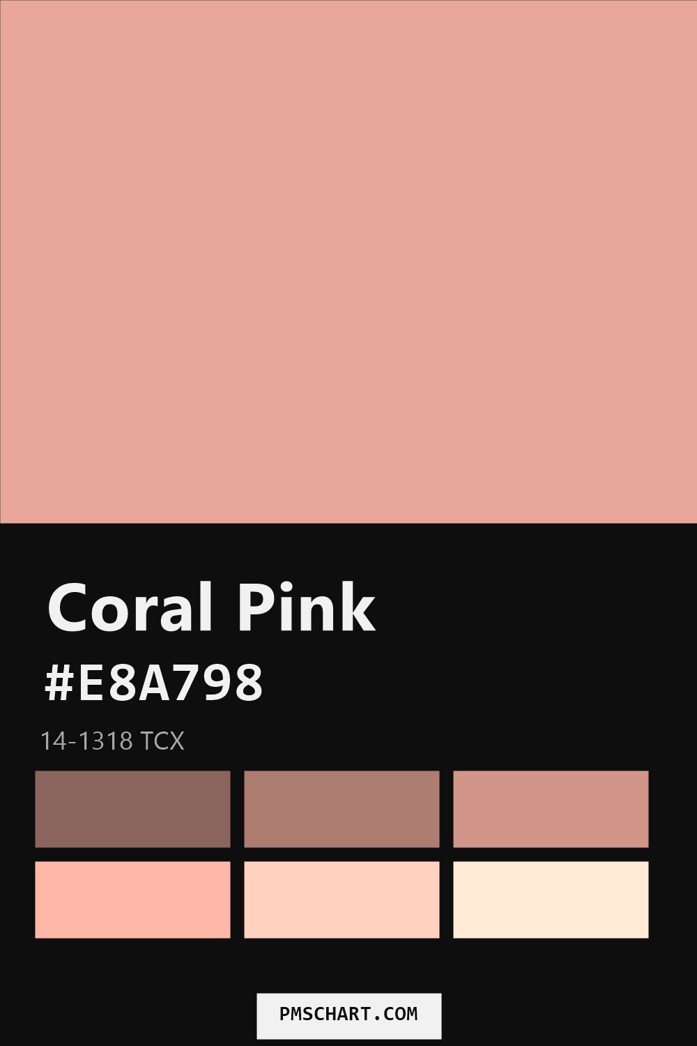 Pantone Coral Pink 14-1318 TCX color reference card (HEX #E8A798) with six nearest Pantone matches