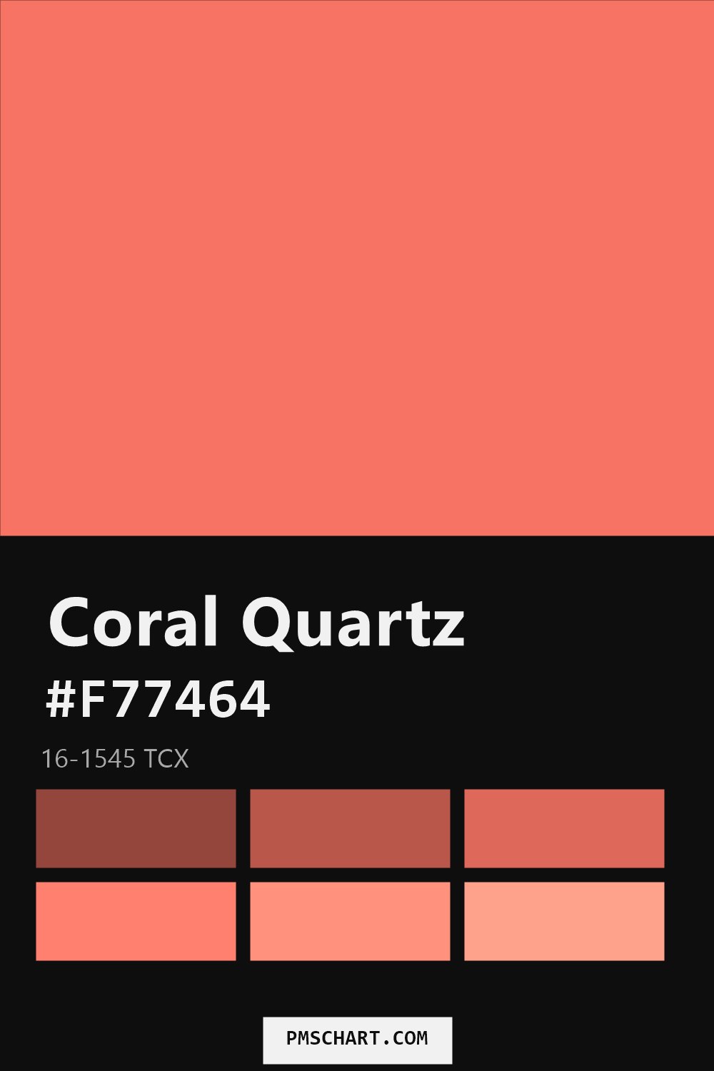 Pantone Coral Quartz 16-1545 TCX color reference card (HEX #F77464) with six nearest Pantone matches