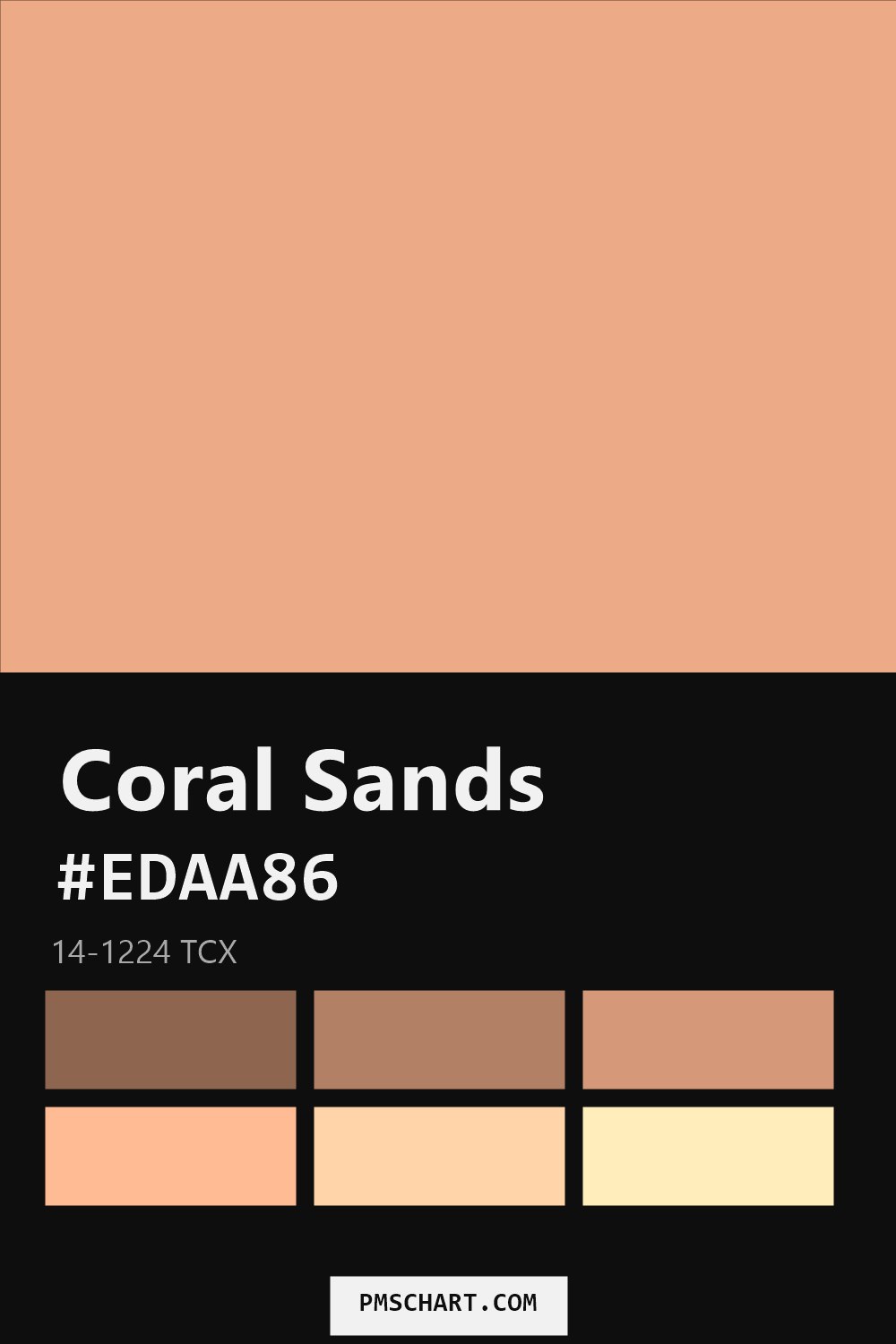 Pantone Coral Sands 14-1224 TCX color reference card (HEX #EDAA86) with six nearest Pantone matches