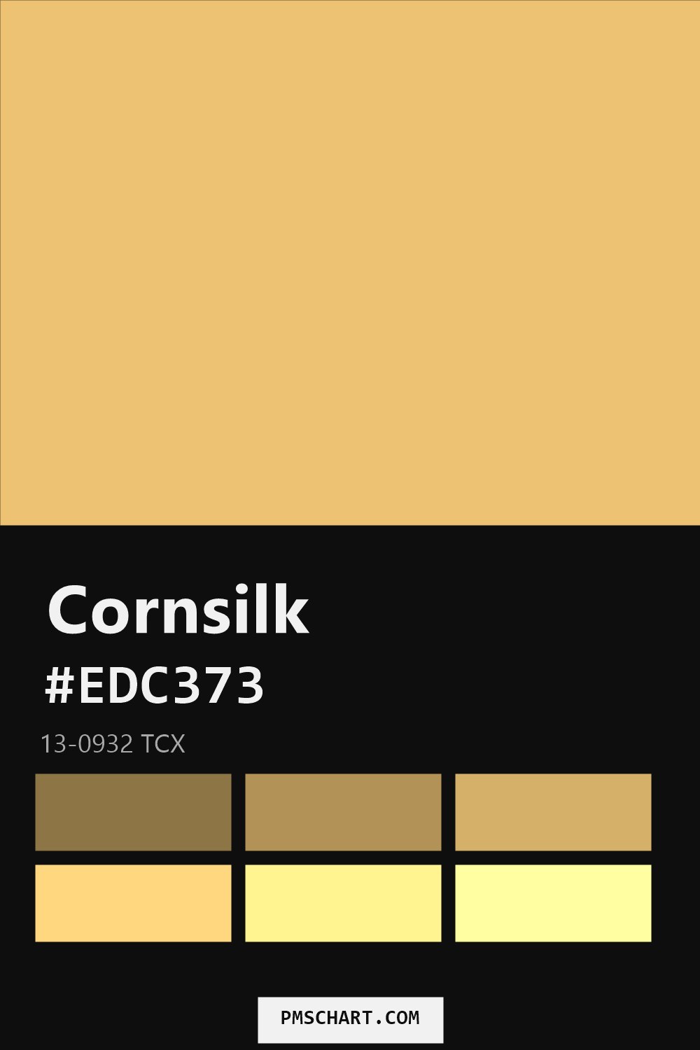Pantone Cornsilk 13-0932 TCX color reference card (HEX #EDC373) with six nearest Pantone matches