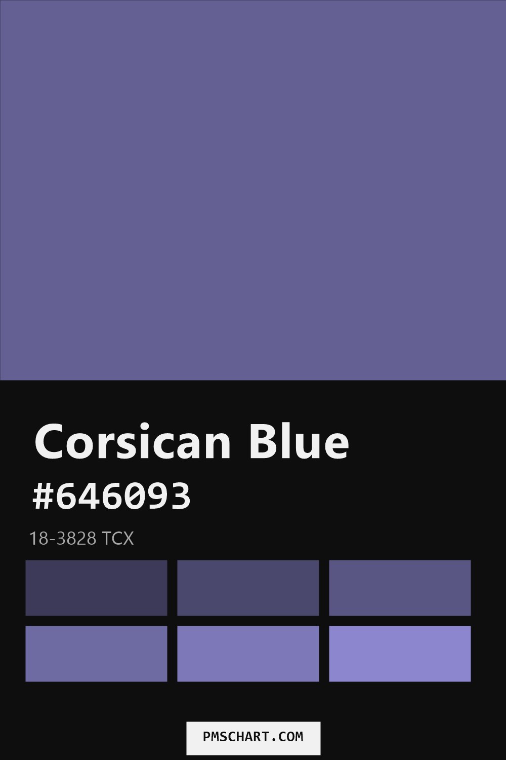 Pantone Corsican Blue 18-3828 TCX color reference card (HEX #646093) with six nearest Pantone matches