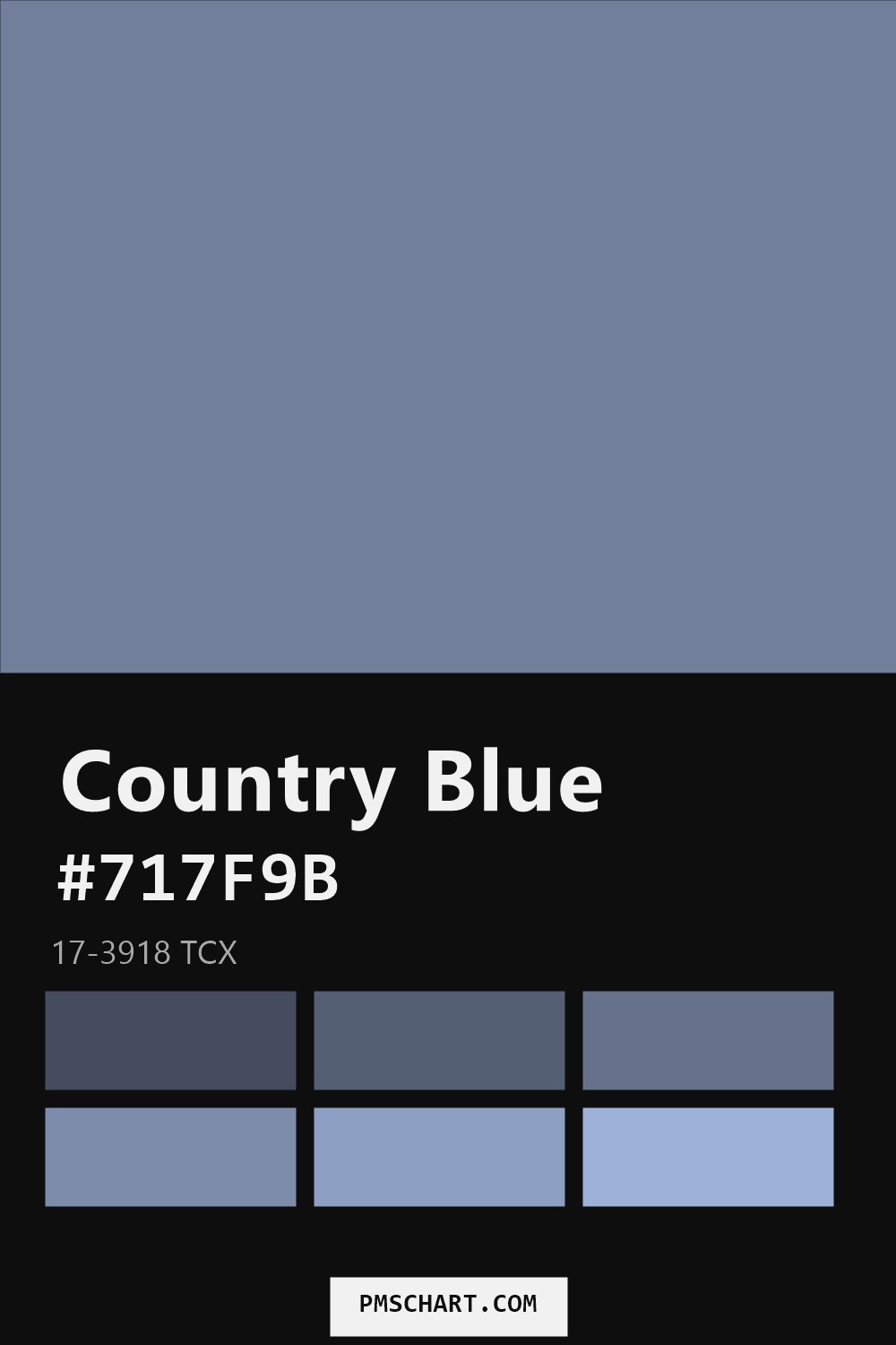 Pantone Country Blue 17-3918 TCX color reference card (HEX #717F9B) with six nearest Pantone matches