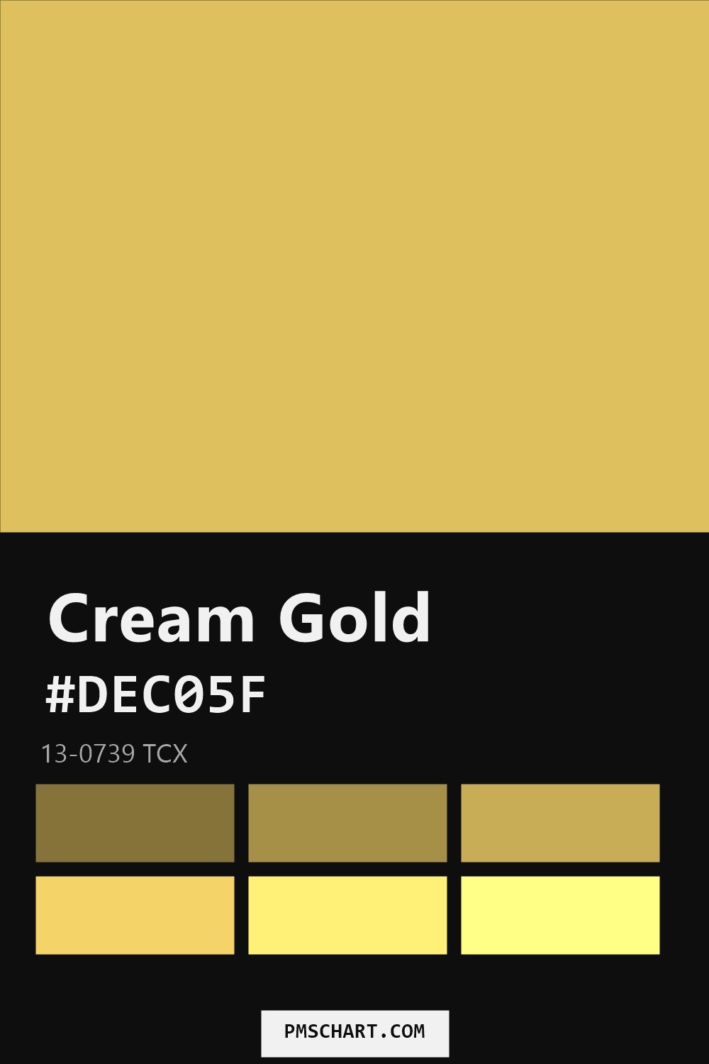 Pantone Cream Gold 13-0739 TCX color reference card (HEX #DEC05F) with six nearest Pantone matches