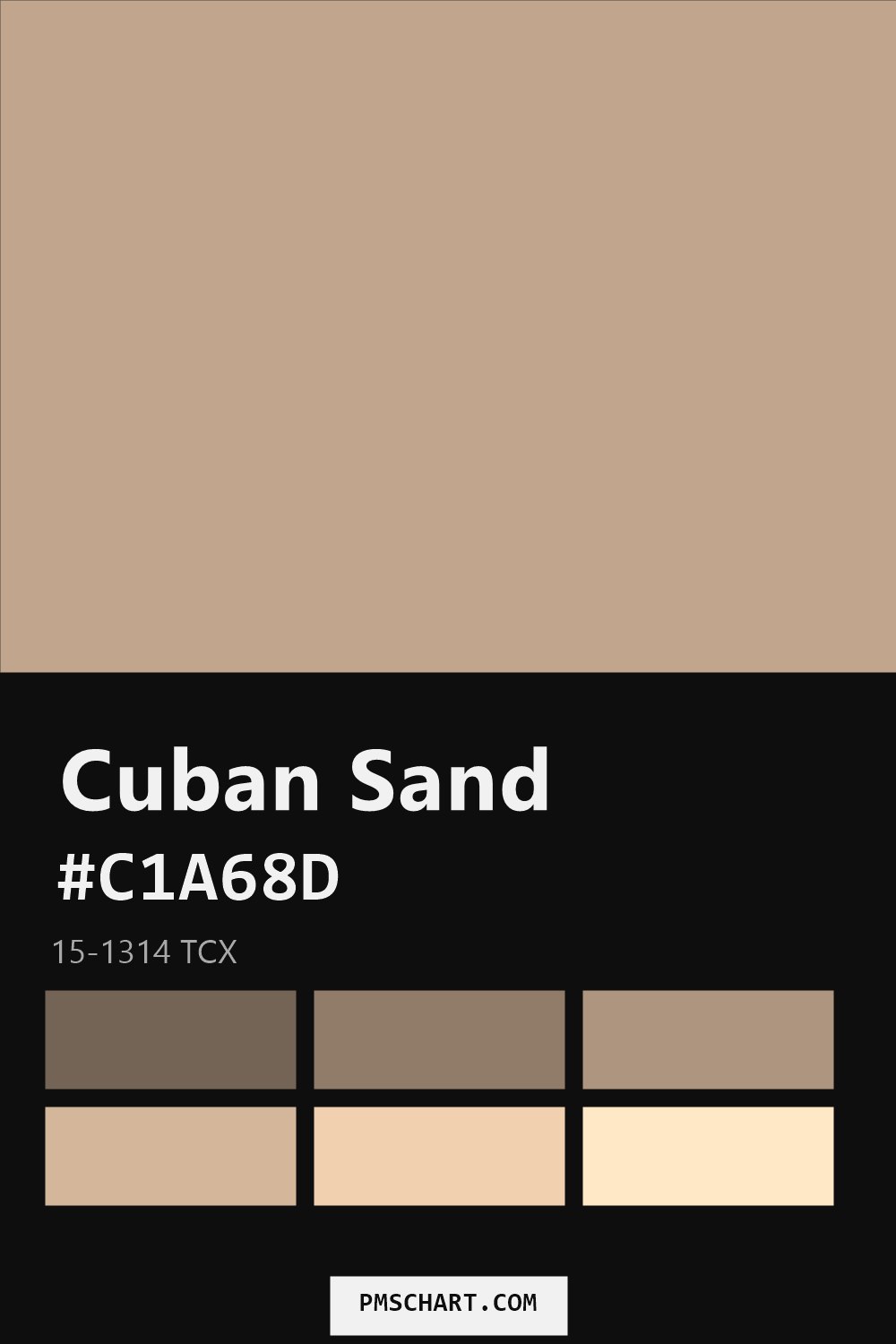 Pantone Cuban Sand 15-1314 TCX color reference card (HEX #C1A68D) with six nearest Pantone matches