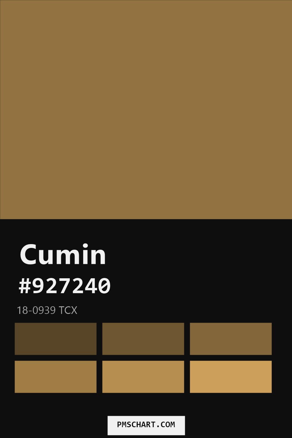 Pantone Cumin 18-0939 TCX color reference card (HEX #927240) with six nearest Pantone matches
