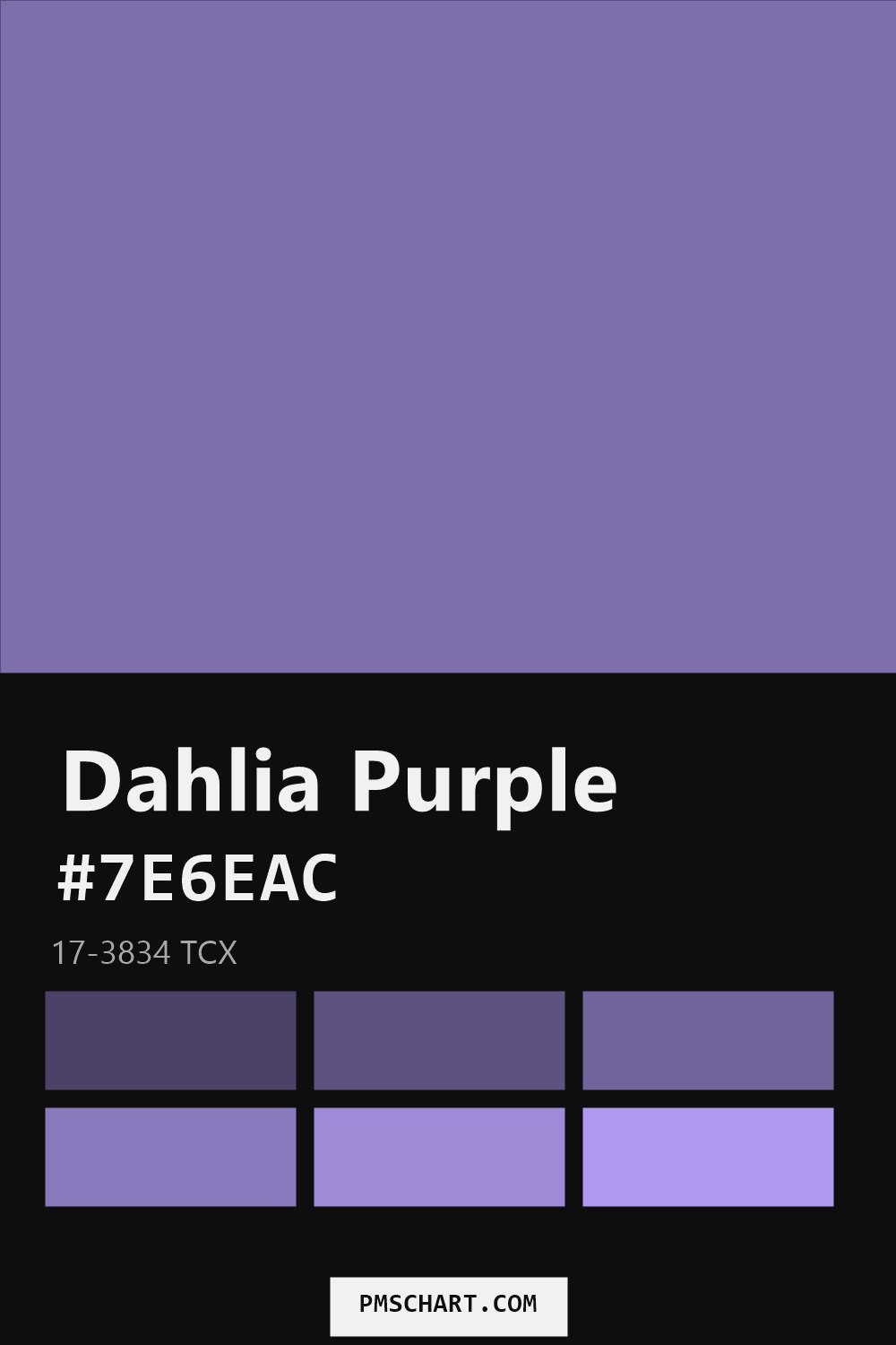 Pantone Dahlia Purple 17-3834 TCX color reference card (HEX #7E6EAC) with six nearest Pantone matches