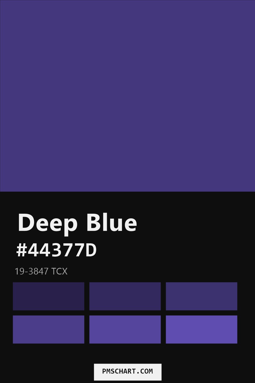 Pantone Deep Blue 19-3847 TCX color reference card (HEX #44377D) with six nearest Pantone matches
