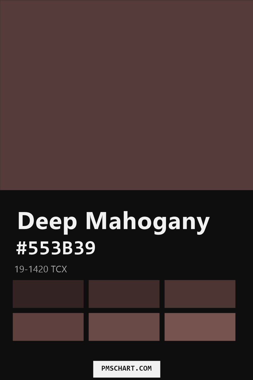 Pantone Deep Mahogany 19-1420 TCX color reference card (HEX #553B39) with six nearest Pantone matches