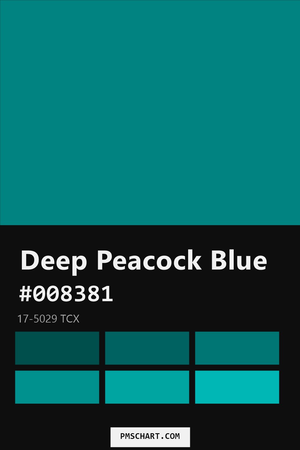 Pantone Deep Peacock Blue 17-5029 TCX color reference card (HEX #008381) with six nearest Pantone matches