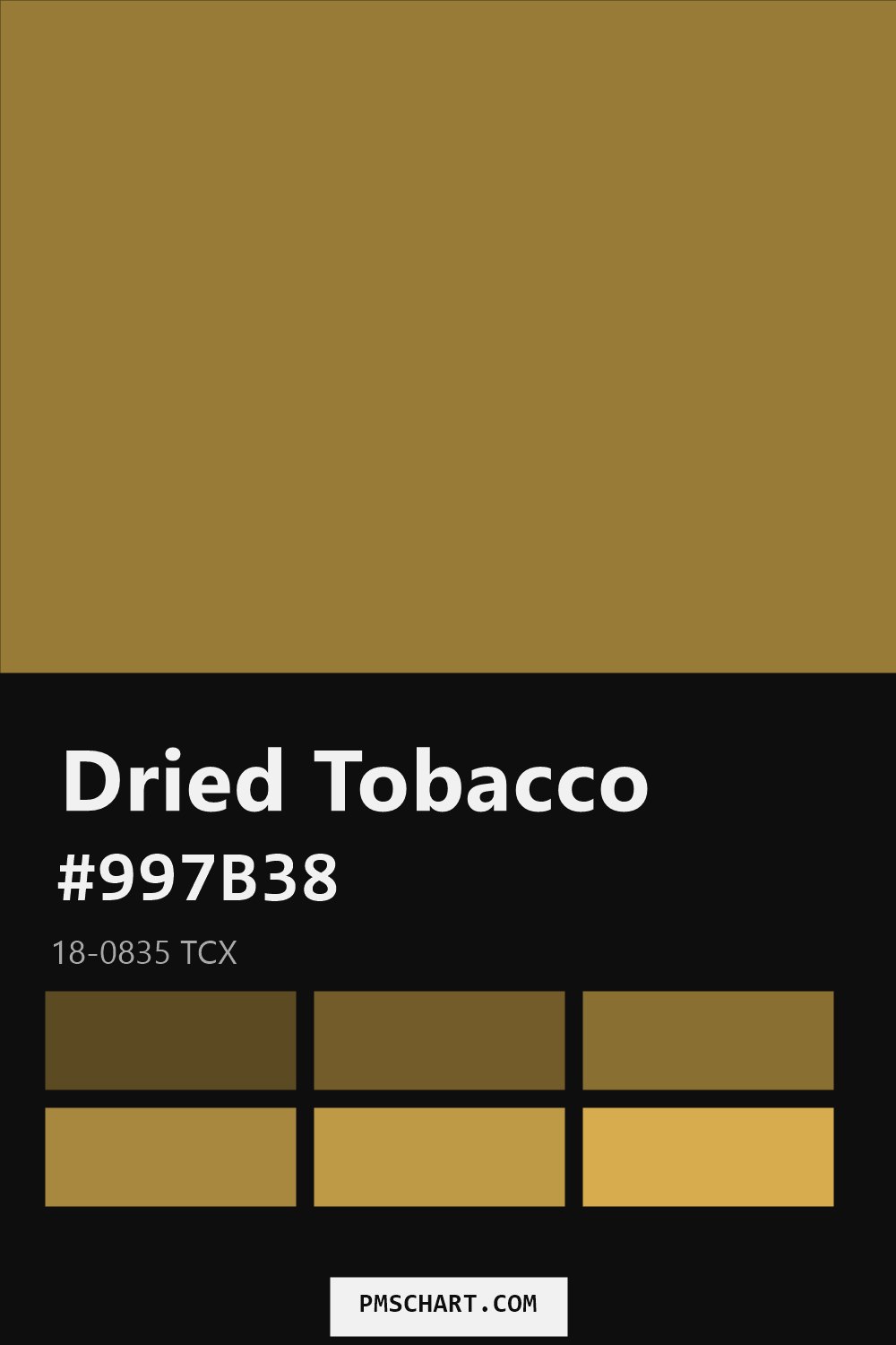 Pantone Dried Tobacco 18-0835 TCX color reference card (HEX #997B38) with six nearest Pantone matches