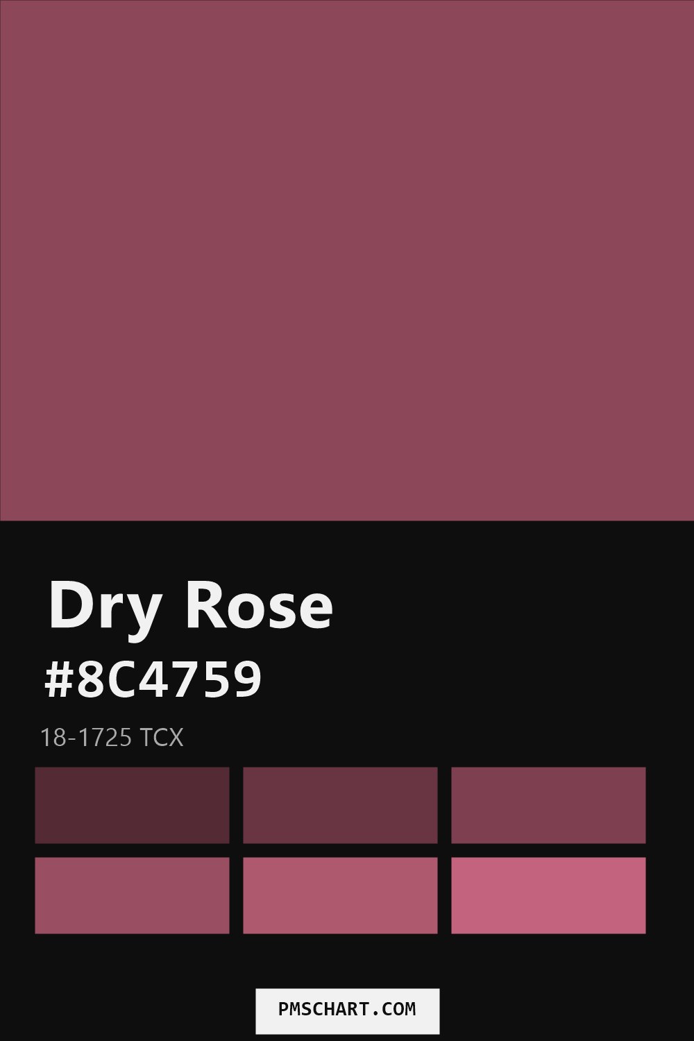 Pantone Dry Rose 18-1725 TCX color reference card (HEX #8C4759) with six nearest Pantone matches