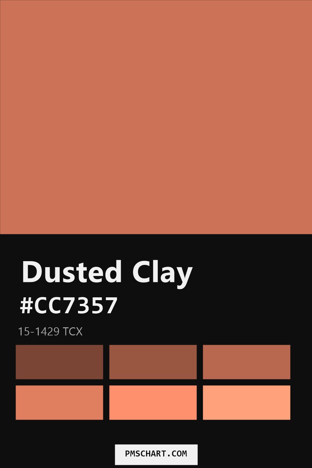 Pantone Dusted Clay 15-1429 TCX color reference card (HEX #CC7357) with six nearest Pantone matches