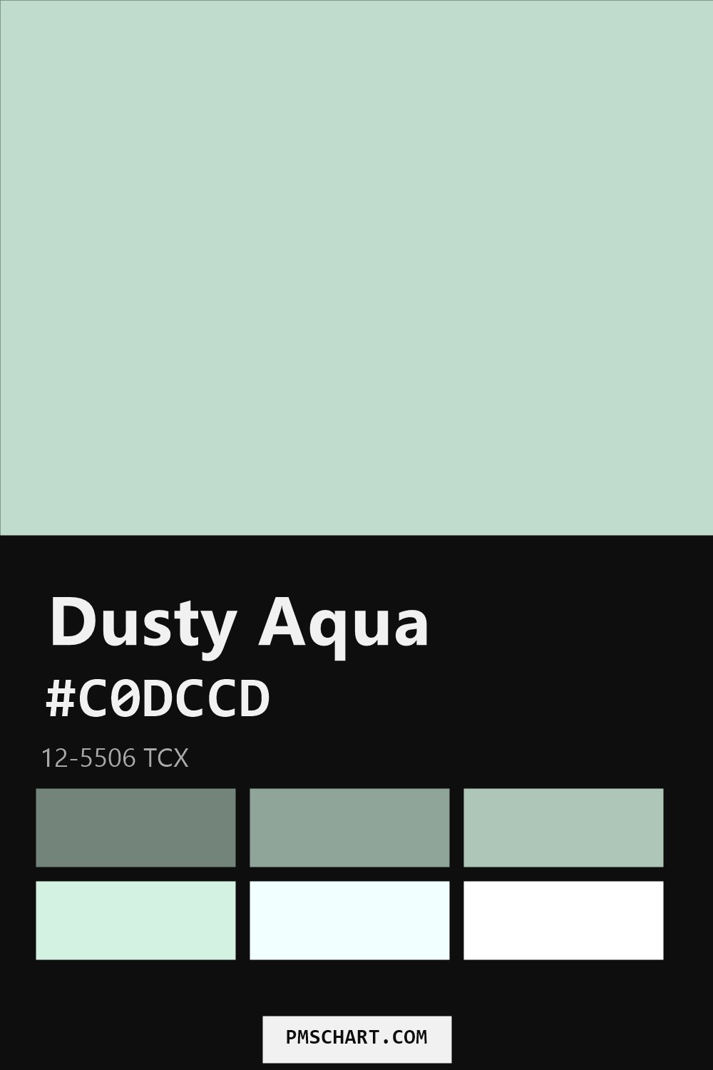 Pantone Dusty Aqua 12-5506 TCX color reference card (HEX #C0DCCD) with six nearest Pantone matches