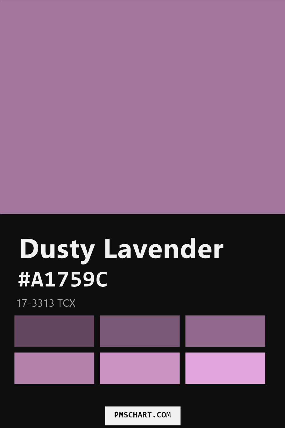 Pantone Dusty Lavender 17-3313 TCX color reference card (HEX #A1759C) with six nearest Pantone matches