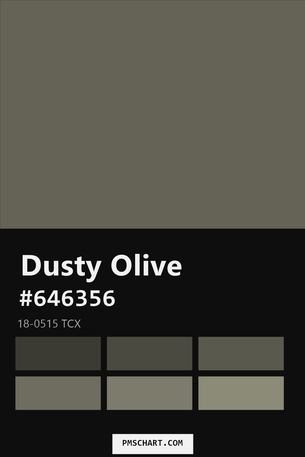 Pantone Dusty Olive 18-0515 TCX color reference card (HEX #646356) with six nearest Pantone matches