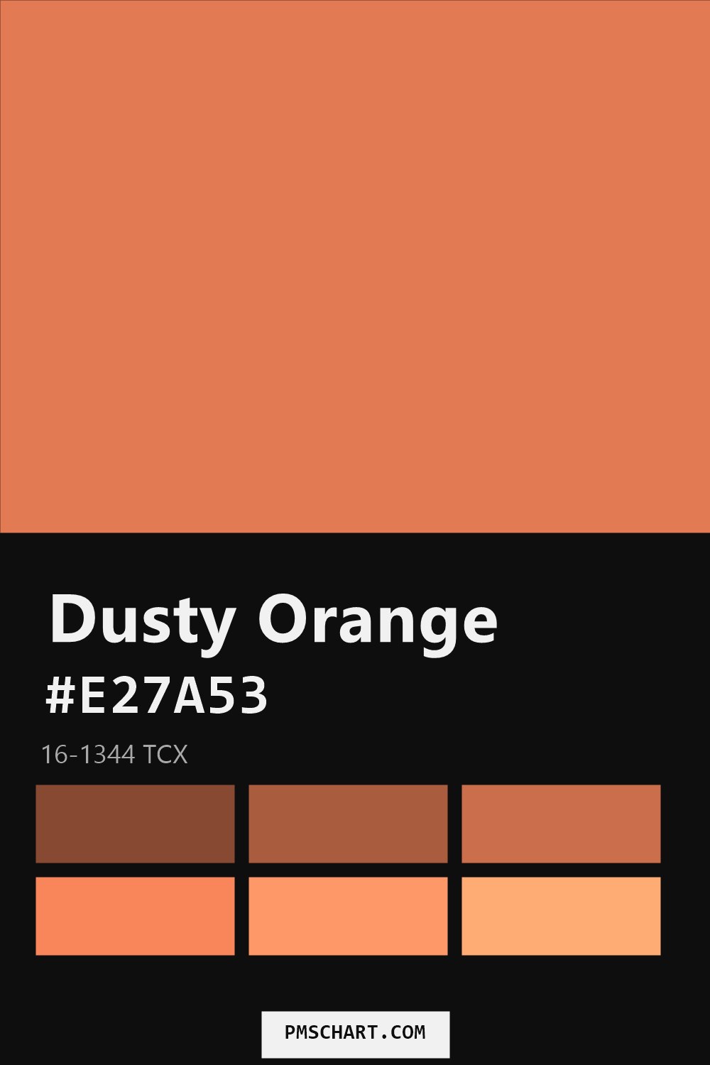 Pantone Dusty Orange 16-1344 TCX color reference card (HEX #E27A53) with six nearest Pantone matches
