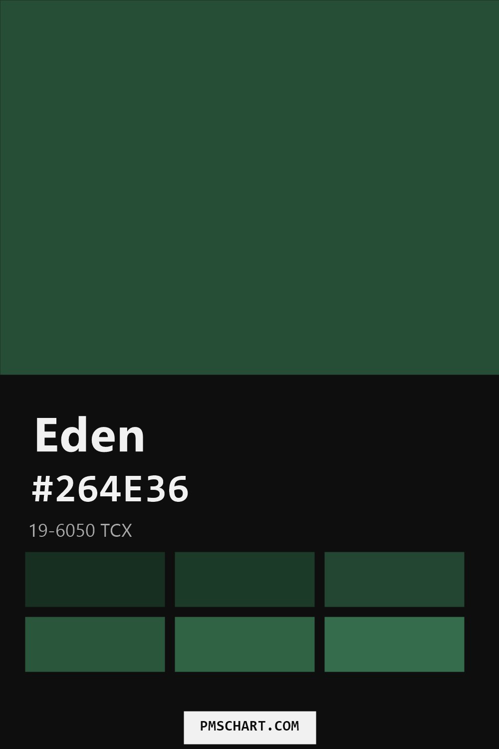 Pantone Eden 19-6050 TCX color reference card (HEX #264E36) with six nearest Pantone matches