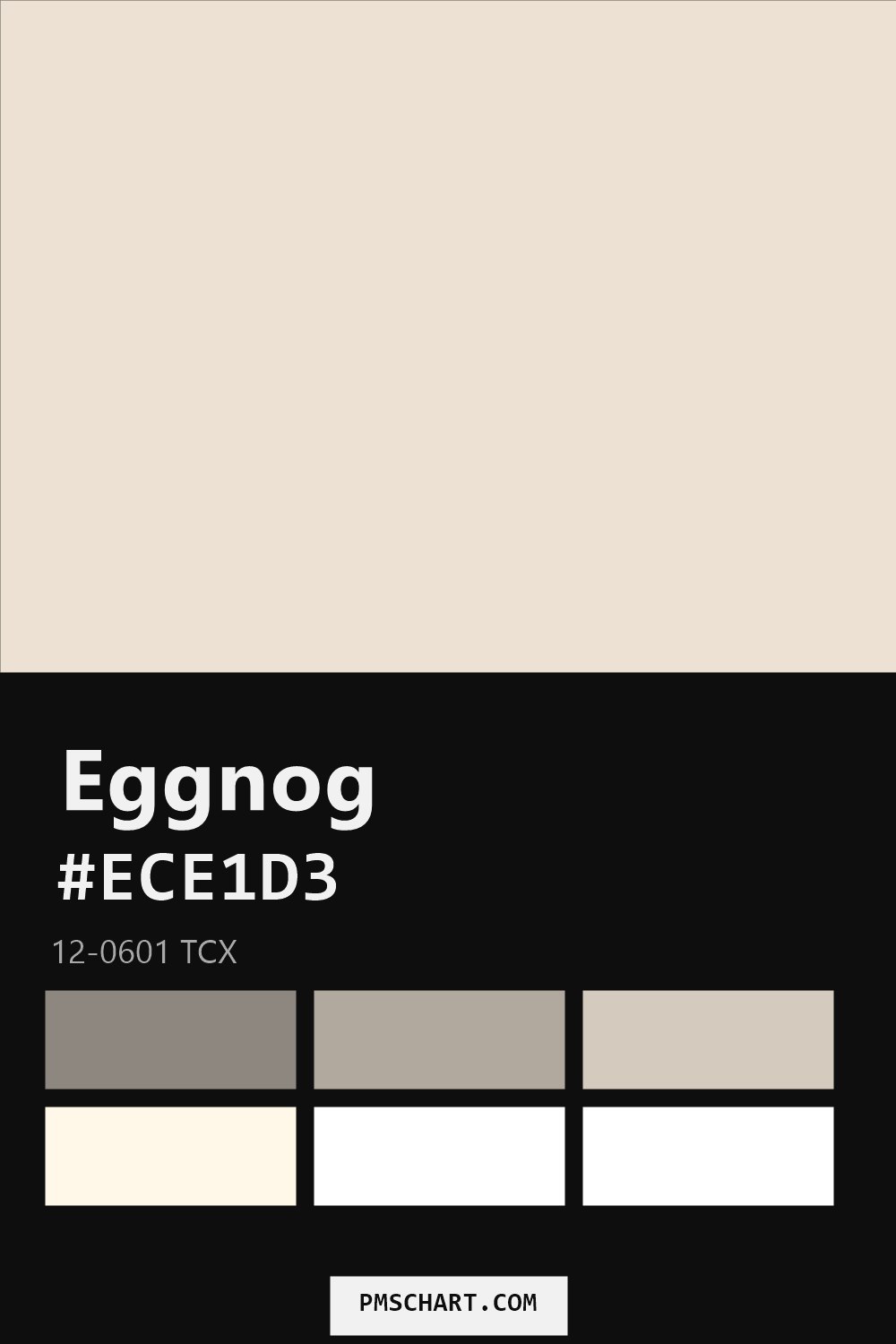 Pantone Eggnog 12-0601 TCX color reference card (HEX #ECE1D3) with six nearest Pantone matches