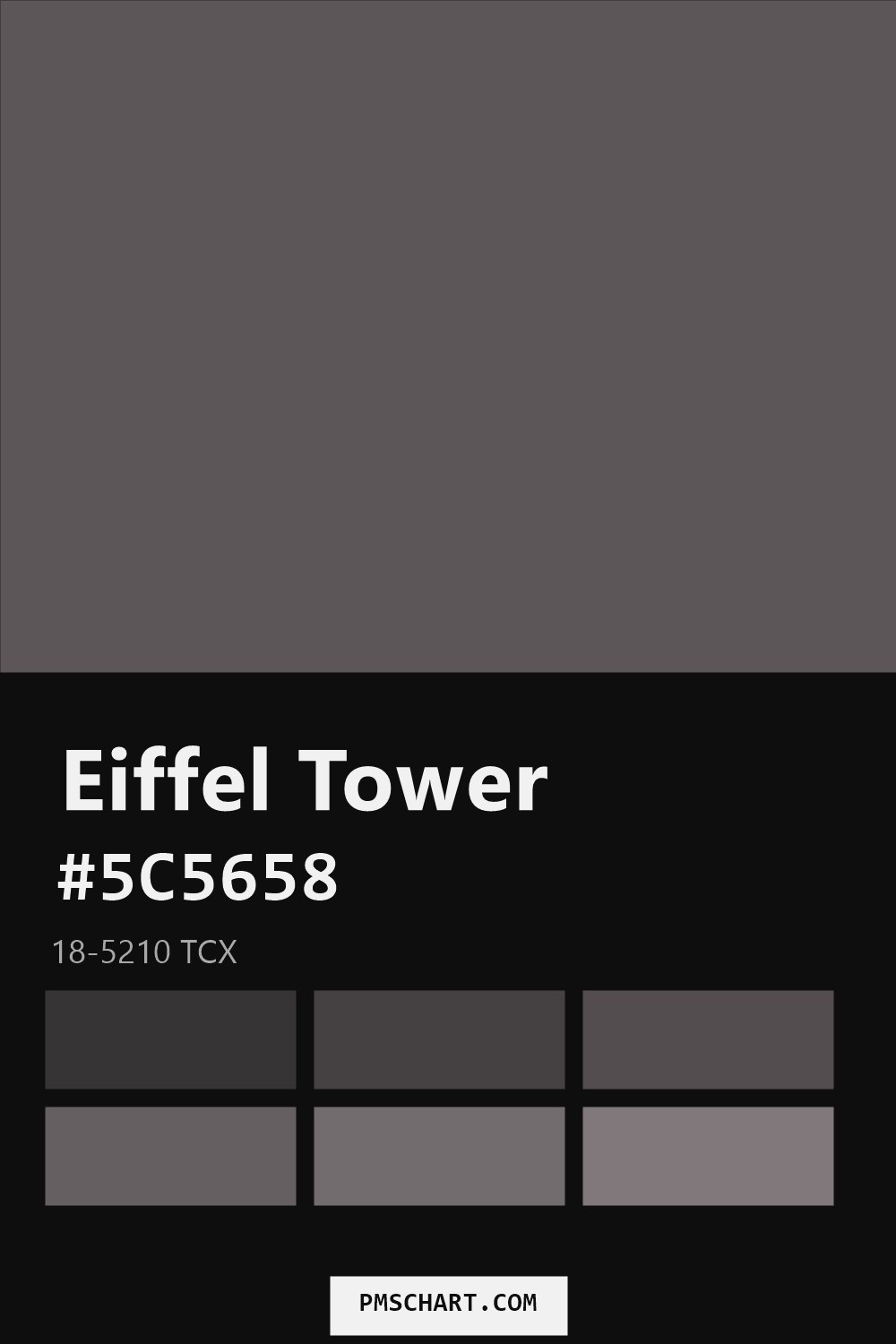 Pantone Eiffel Tower 18-5210 TCX color reference card (HEX #5C5658) with six nearest Pantone matches